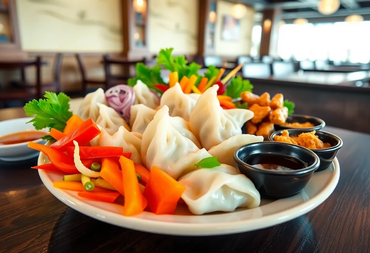 Plate of assorted dumplings including boiled, steamed, and pan-fried varieties.