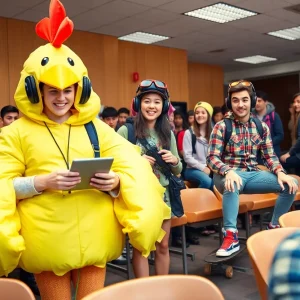 Students reenacting Minecraft Movie scenes in university classroom