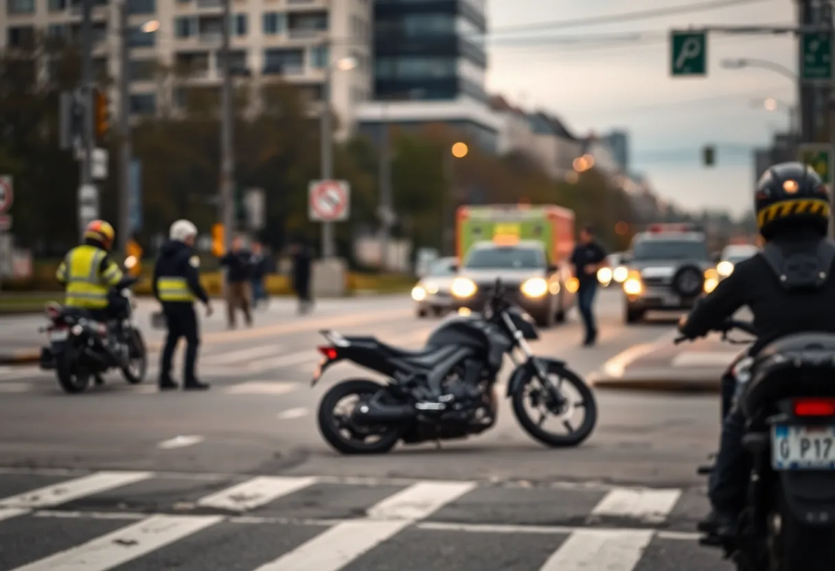 A motorcycle accident scene in San Antonio with emergency responders at the site.