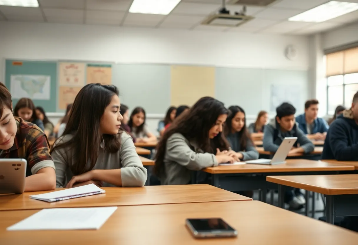 Classroom with students learning and cellphone storage.