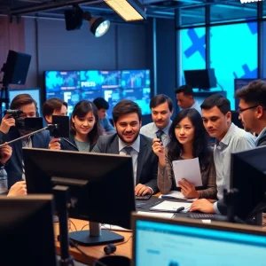 Journalists collaborating in a newsroom environment.