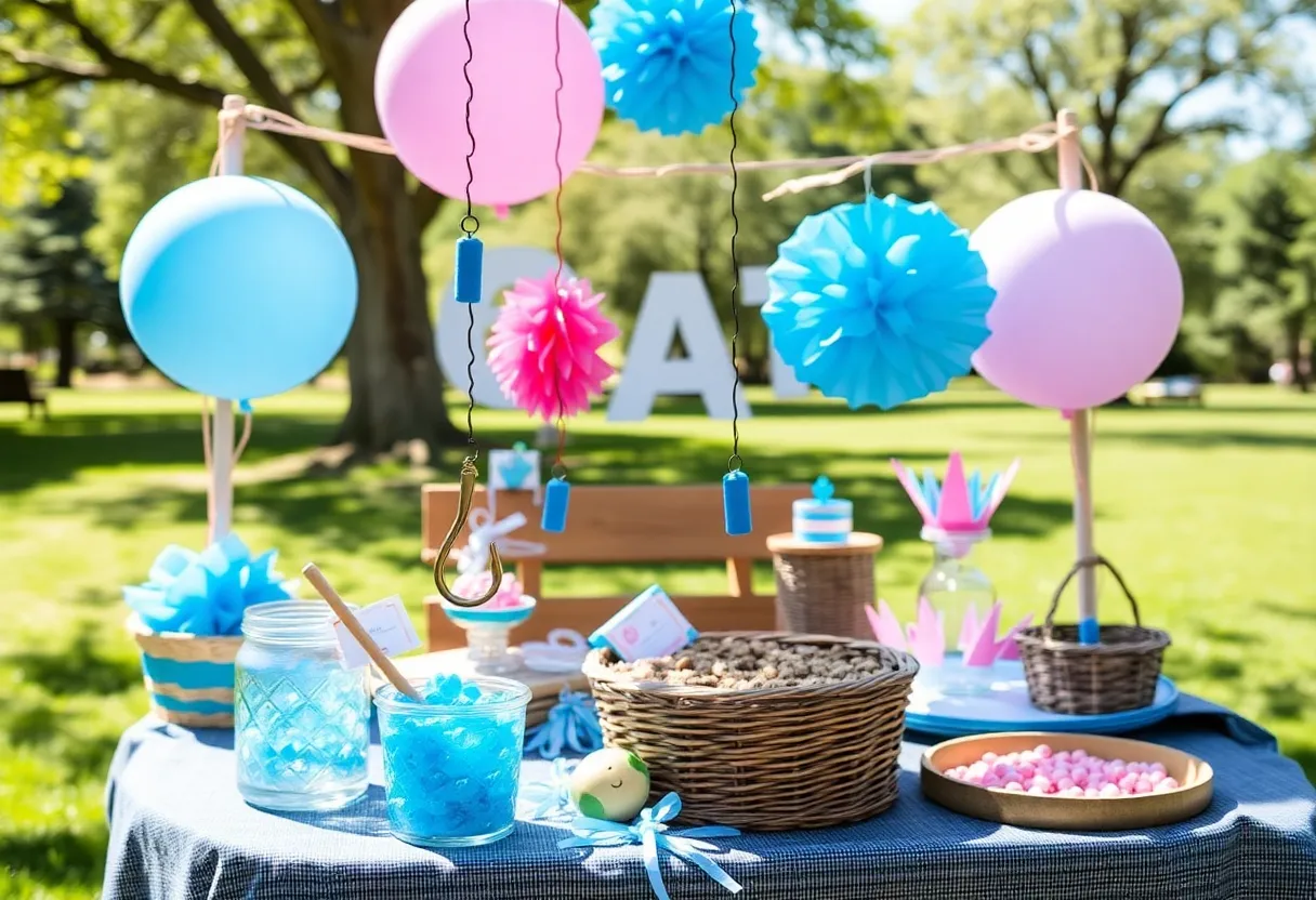 Joyful couple celebrating a unique baby gender reveal with a fishing hook theme.