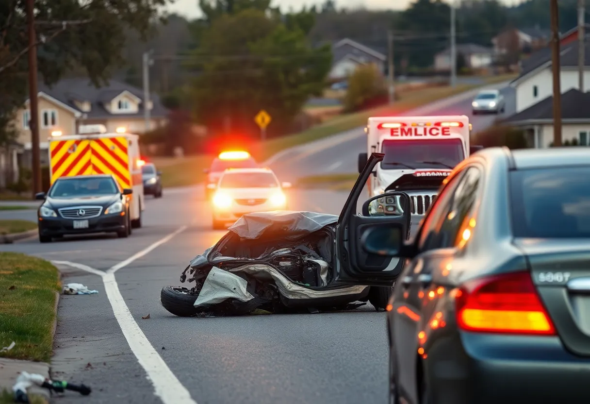 Scene of a tragic car crash on a suburban street in San Antonio with emergency responders