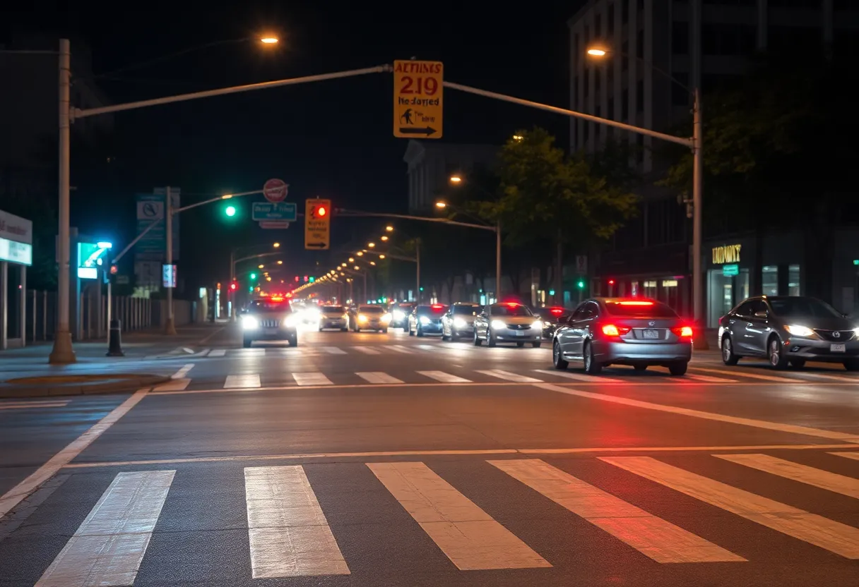 Night scene in San Antonio showing a crosswalk where an accident occurred.