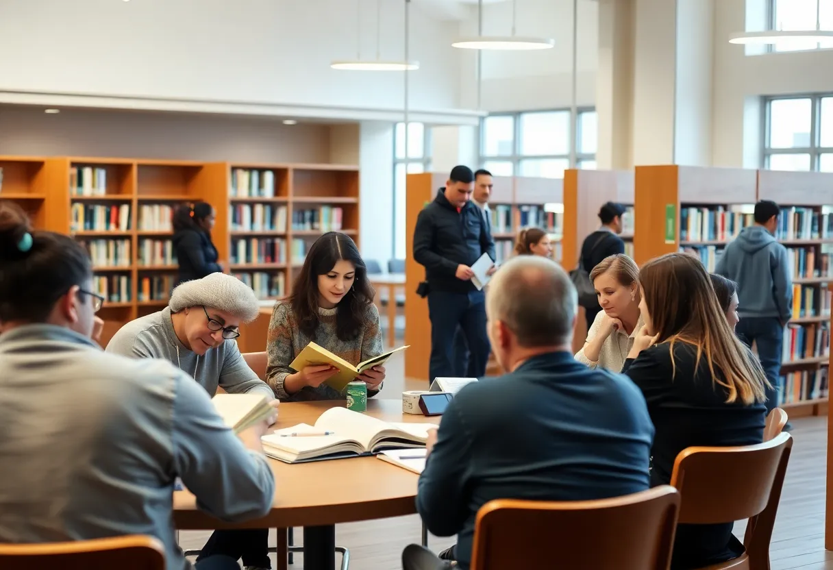 Diverse community members at San Antonio library participating in discussions.