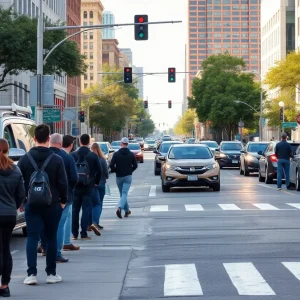 A vibrant street scene in San Antonio showing pedestrians and vehicles, illustrating the importance of pedestrian safety.