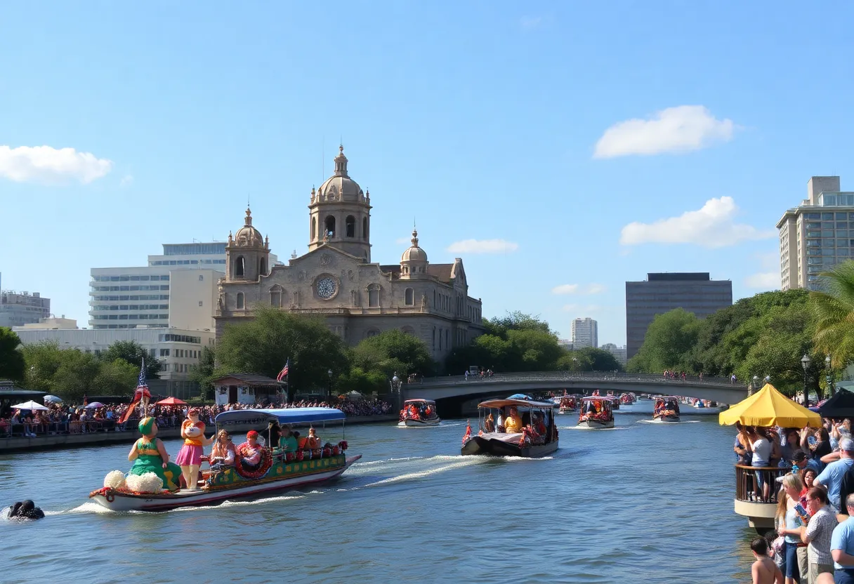 Spectators enjoying the San Antonio River Parade under clear skies.