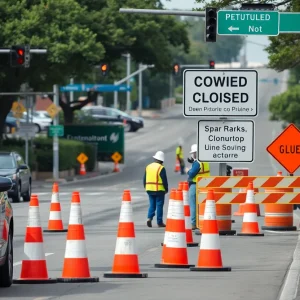 Road construction in San Antonio with traffic cones and signage