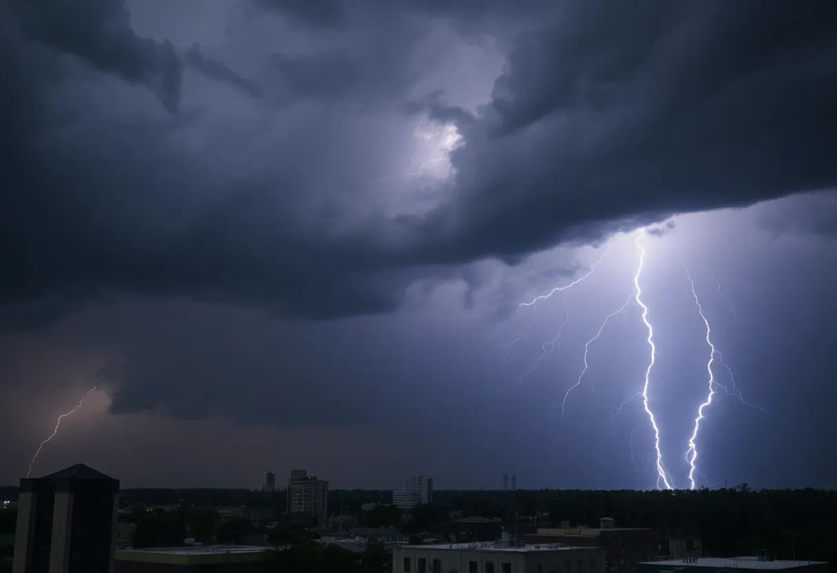Dark storm clouds with lightning over San Antonio