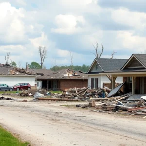 Destruction caused by a severe tornado in a neighborhood