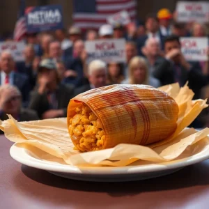 A tamale with corn husk on a plate at a political event.