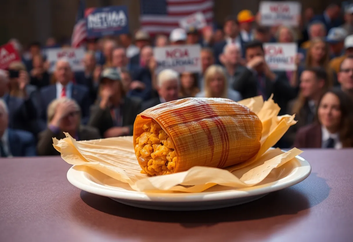 A tamale with corn husk on a plate at a political event.