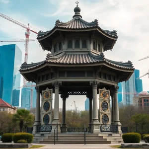 Historic Texas Pavilion amidst urban development