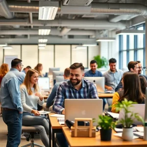Employees working together in a vibrant office setting