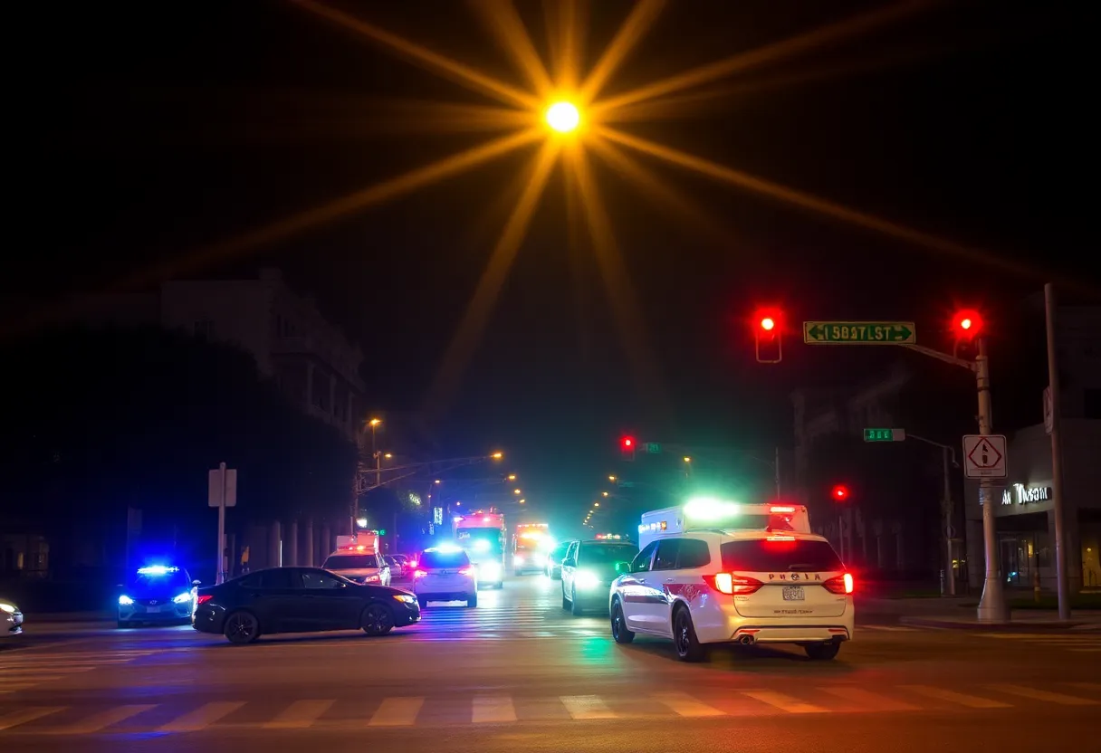 Emergency vehicles responding to a traffic accident at an urban intersection in San Antonio at night