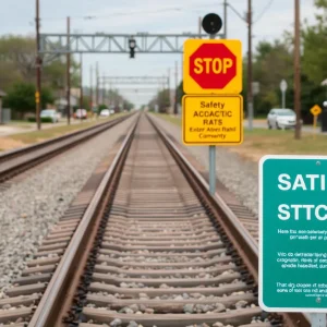 Train tracks with safety signage in San Antonio