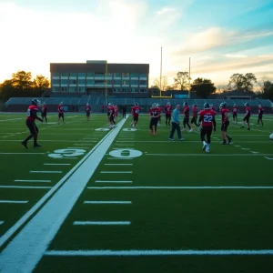 Players training on the football field at UTSA during sunset