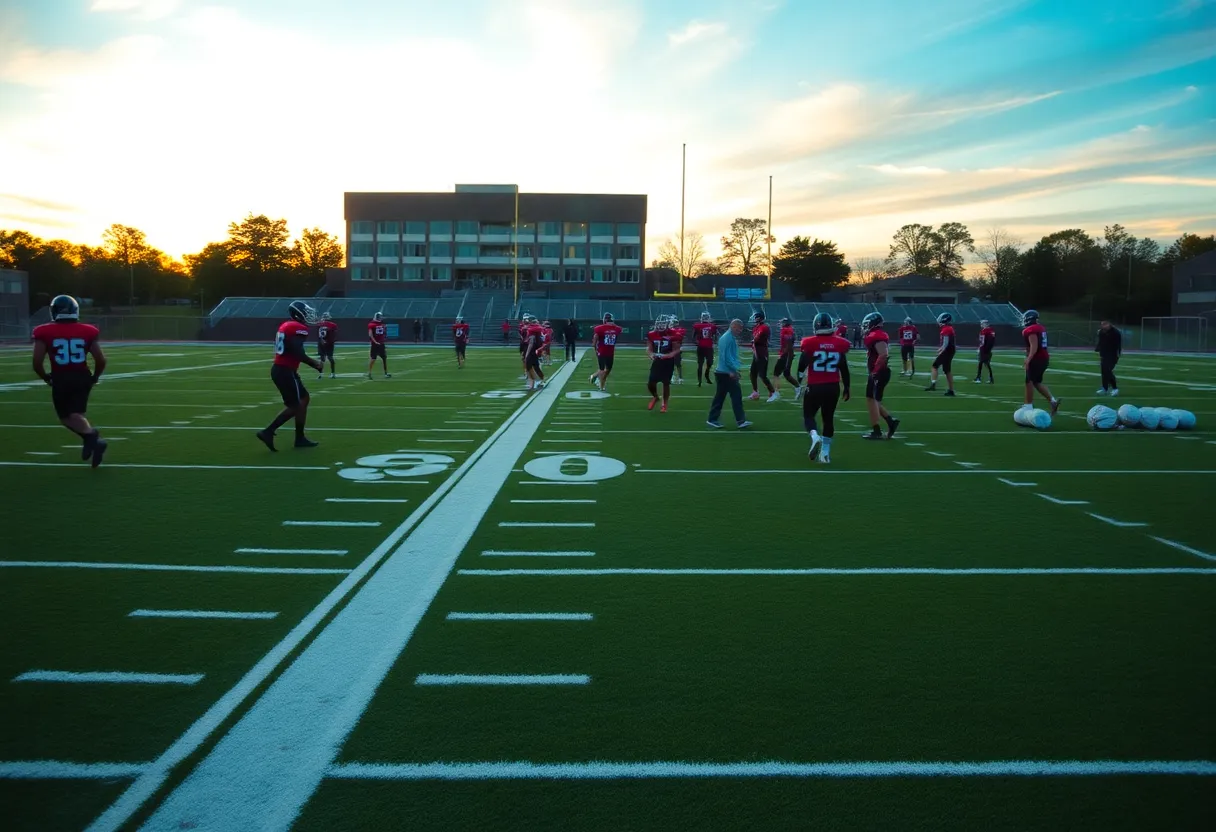 Players training on the football field at UTSA during sunset