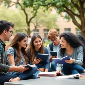 A diverse group of students on the University of Texas at San Antonio campus.