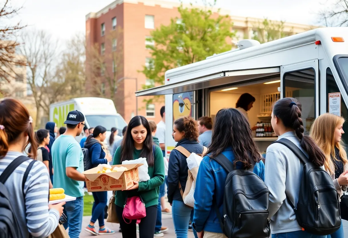 Students at UTSA participating in a mobile food distribution event.