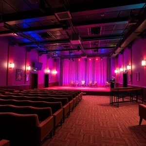 Interior view of the Woodlawn Comedy venue featuring a stage and audience seating