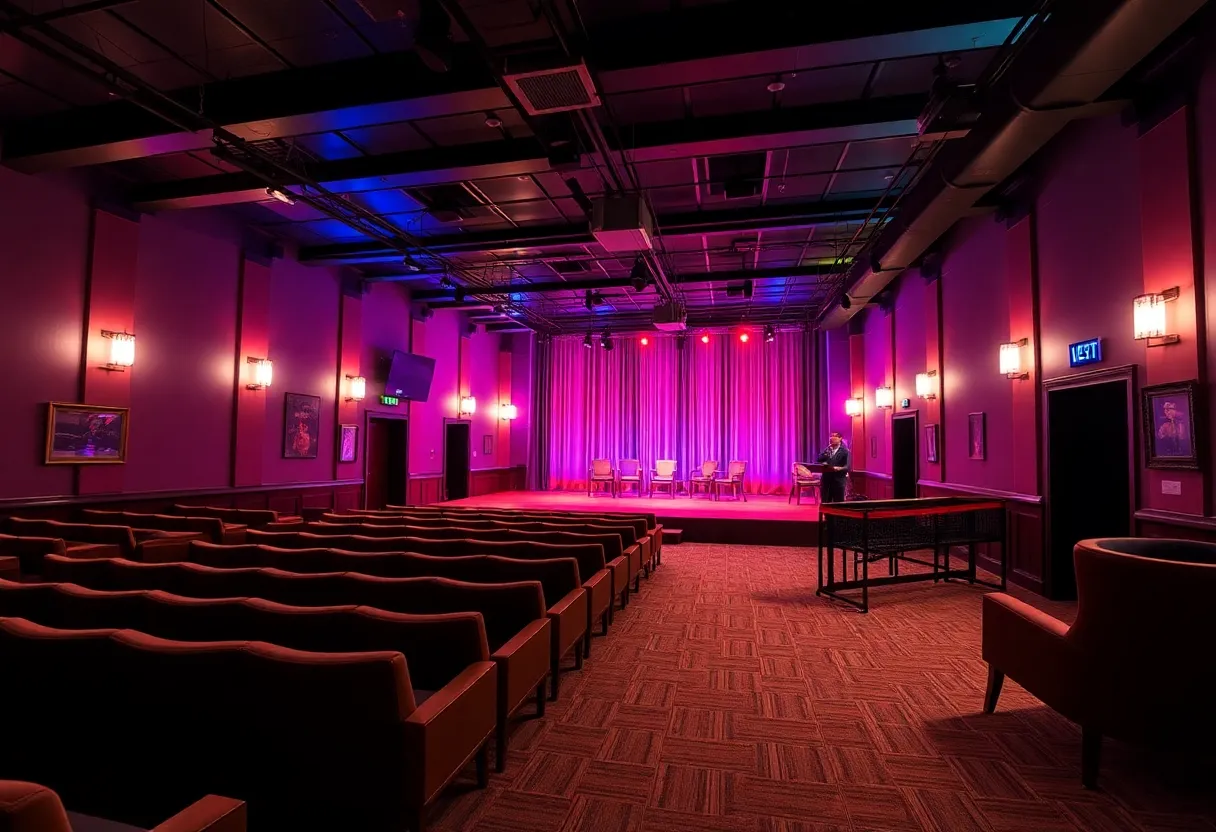 Interior view of the Woodlawn Comedy venue featuring a stage and audience seating
