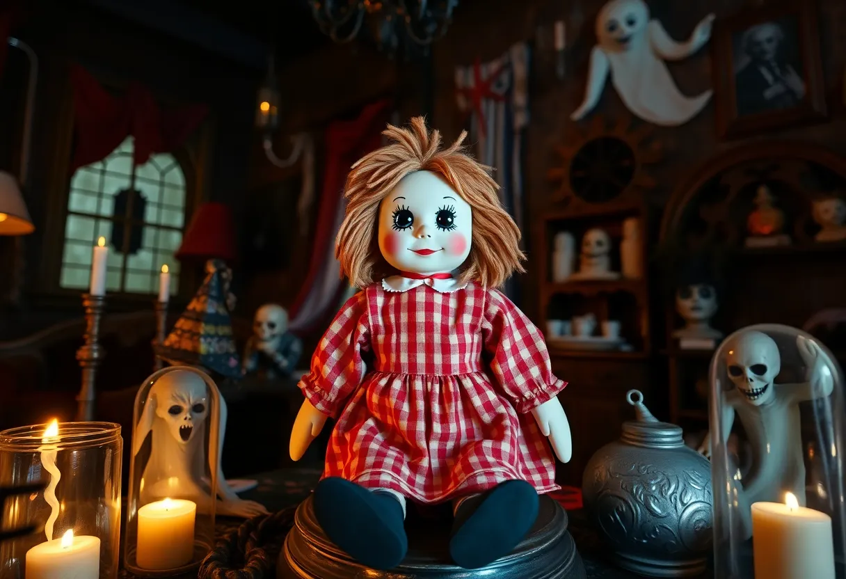 Annabelle doll on display surrounded by haunted artifacts at Psychic & Spirit Fest