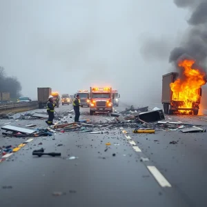 Debris and emergency responders at the scene of a big rig fire on Interstate 35 in Bexar County.