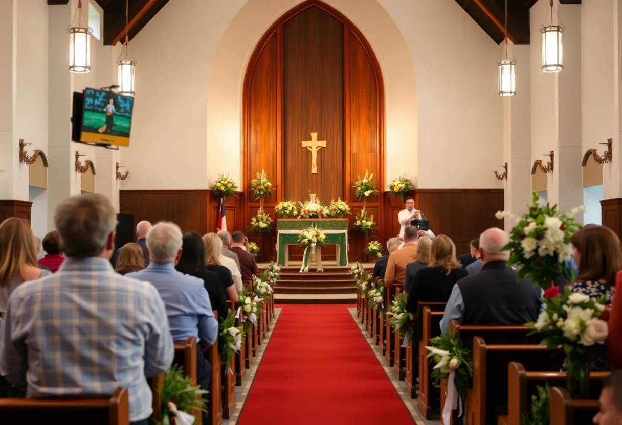 A warm church interior prepared for a celebration of life event.