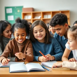 Group of students collaborating in a classroom setting