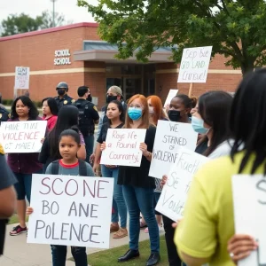 Community members gather outside a middle school showing concern for safety after alarming incidents
