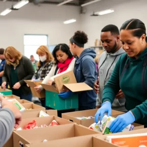 Volunteers at a food bank packing food for families in Bexar County