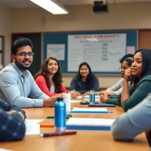Community members engaged in a discussion about mental health resources in a school.