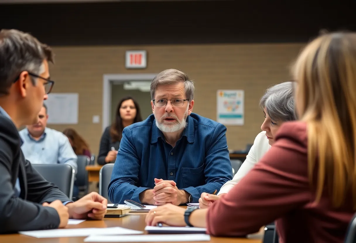 Parents discussing school safety with officials