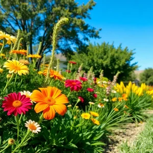 A beautiful water-efficient garden filled with drought-resistant plants in San Antonio, Texas.