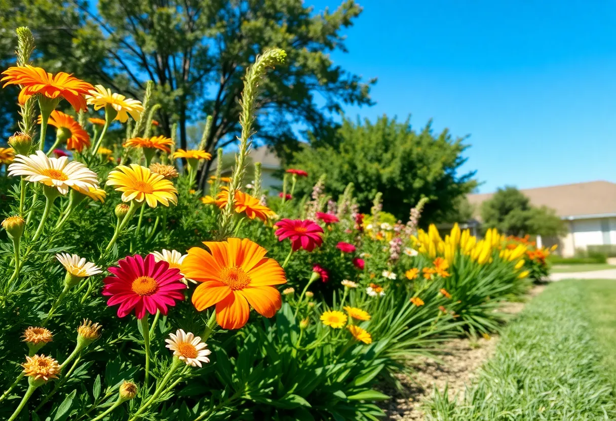 A beautiful water-efficient garden filled with drought-resistant plants in San Antonio, Texas.