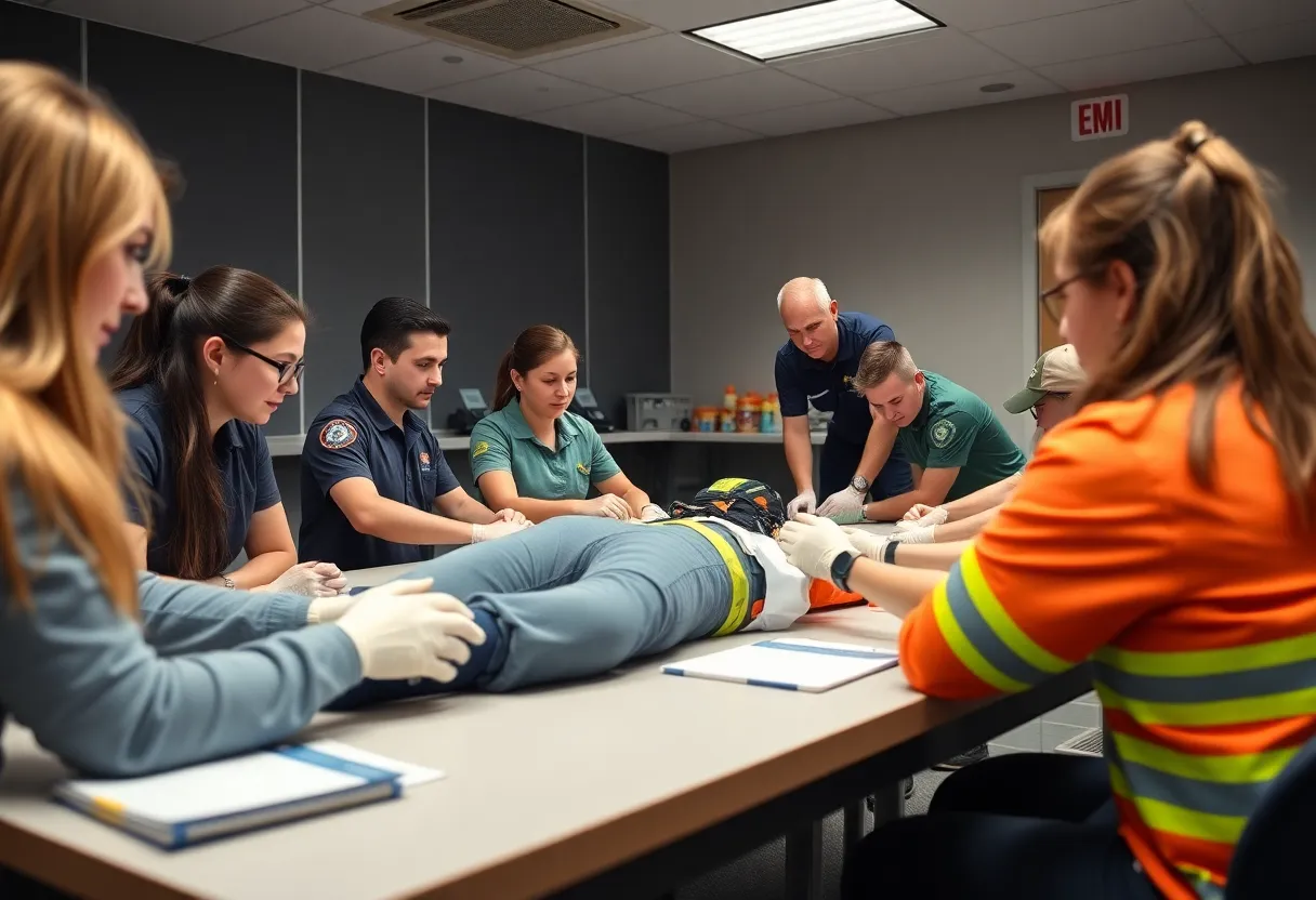 Students practicing hands-on skills in an EMT training course