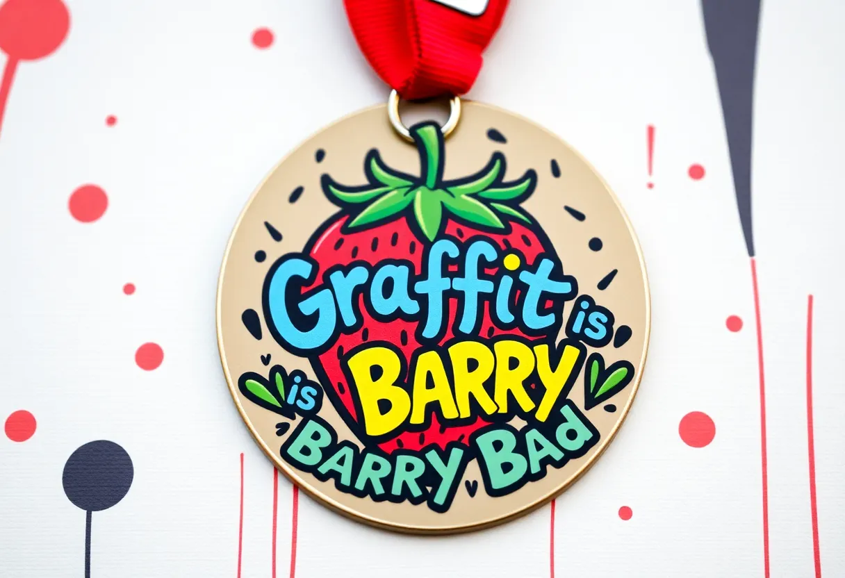 Artwork of a strawberry with the slogan 'Graffiti is Barry Bad' for a Fiesta medal.