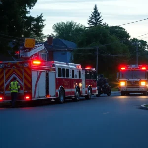 Emergency responders at a fire scene in a residential neighborhood