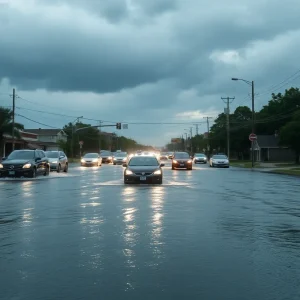 Flooded street in San Antonio during severe thunderstorms