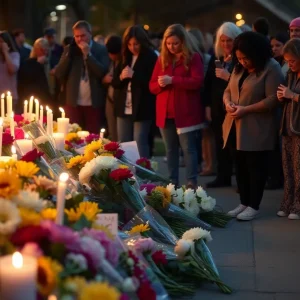 Memorial flowers and candles at a gathering for a shooting victim in San Antonio, Texas.
