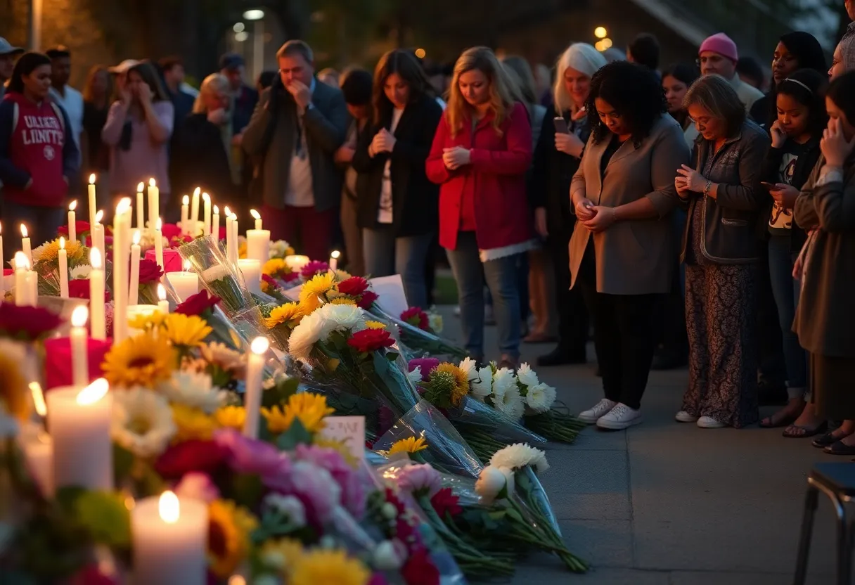 Memorial flowers and candles at a gathering for a shooting victim in San Antonio, Texas.