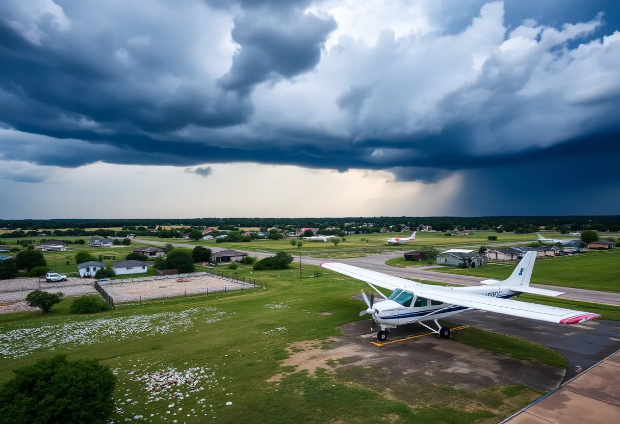 Storm damage in Hays County with hail and overturned aircraft