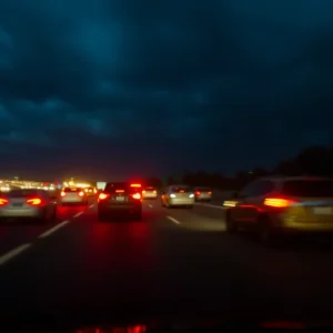 Nighttime view of a highway with blurred vehicle lights