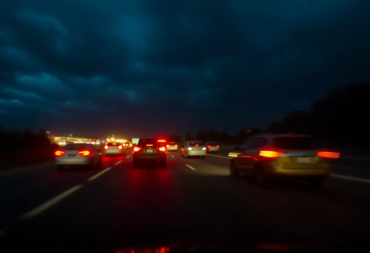 Nighttime view of a highway with blurred vehicle lights