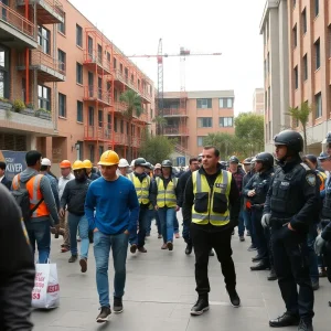 Construction workers and students on a university campus with law enforcement presence nearby.