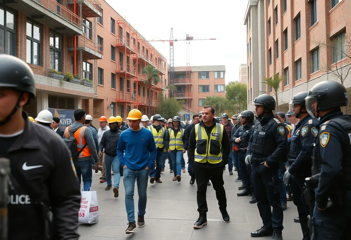 Construction workers and students on a university campus with law enforcement presence nearby.