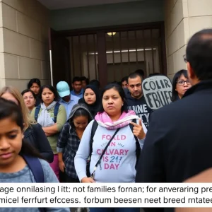 Immigrants outside a San Antonio courthouse showing signs of tension and worry.