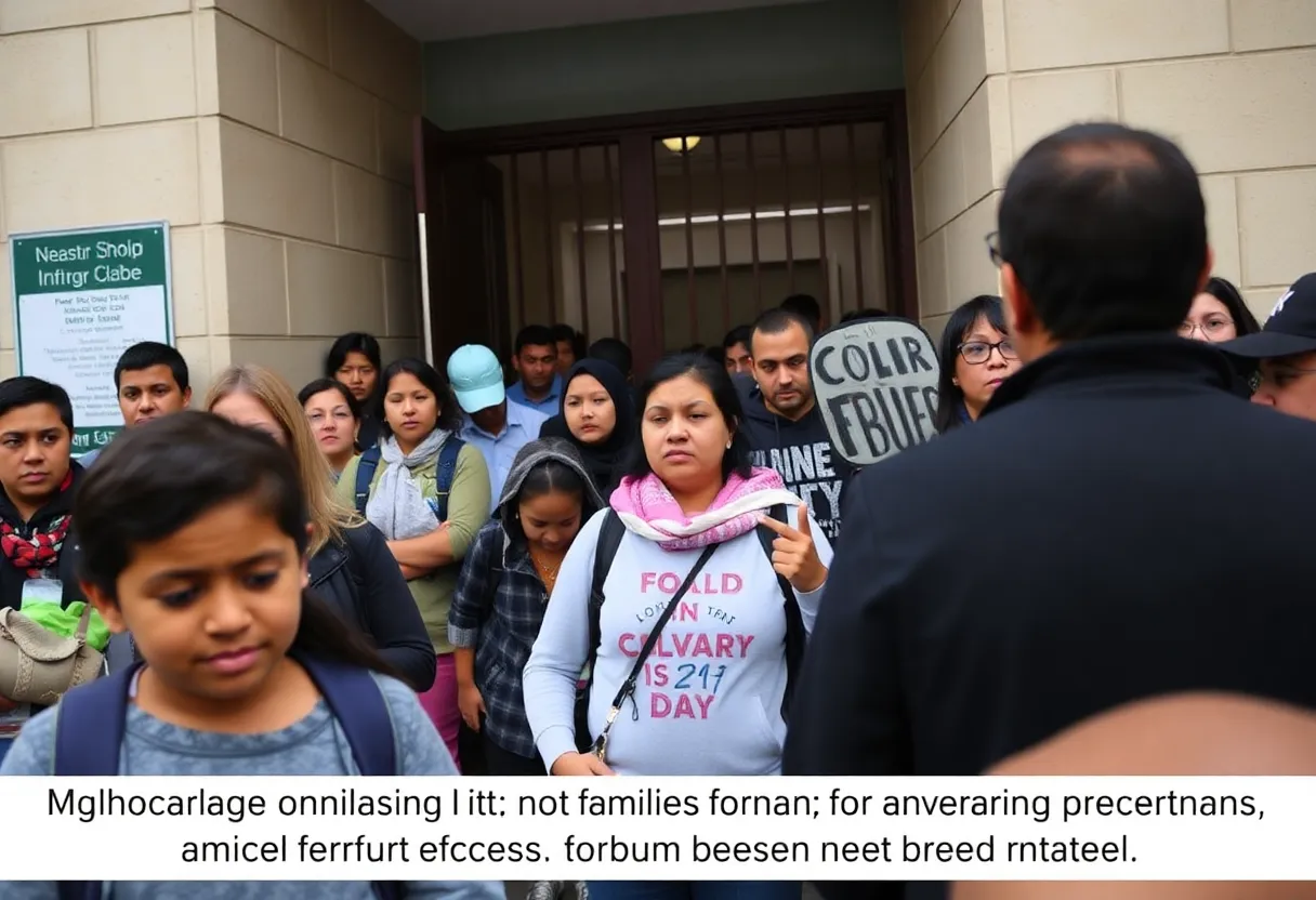 Immigrants outside a San Antonio courthouse showing signs of tension and worry.