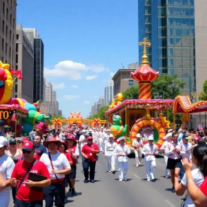 Colorful floats and the Longhorn Band at the Fiesta Flambeau Parade in San Antonio